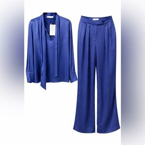 Mango Royal Blue Satin Tie Neck Blouse Wide Leg Pants Set Size 8 NWT Workwear
